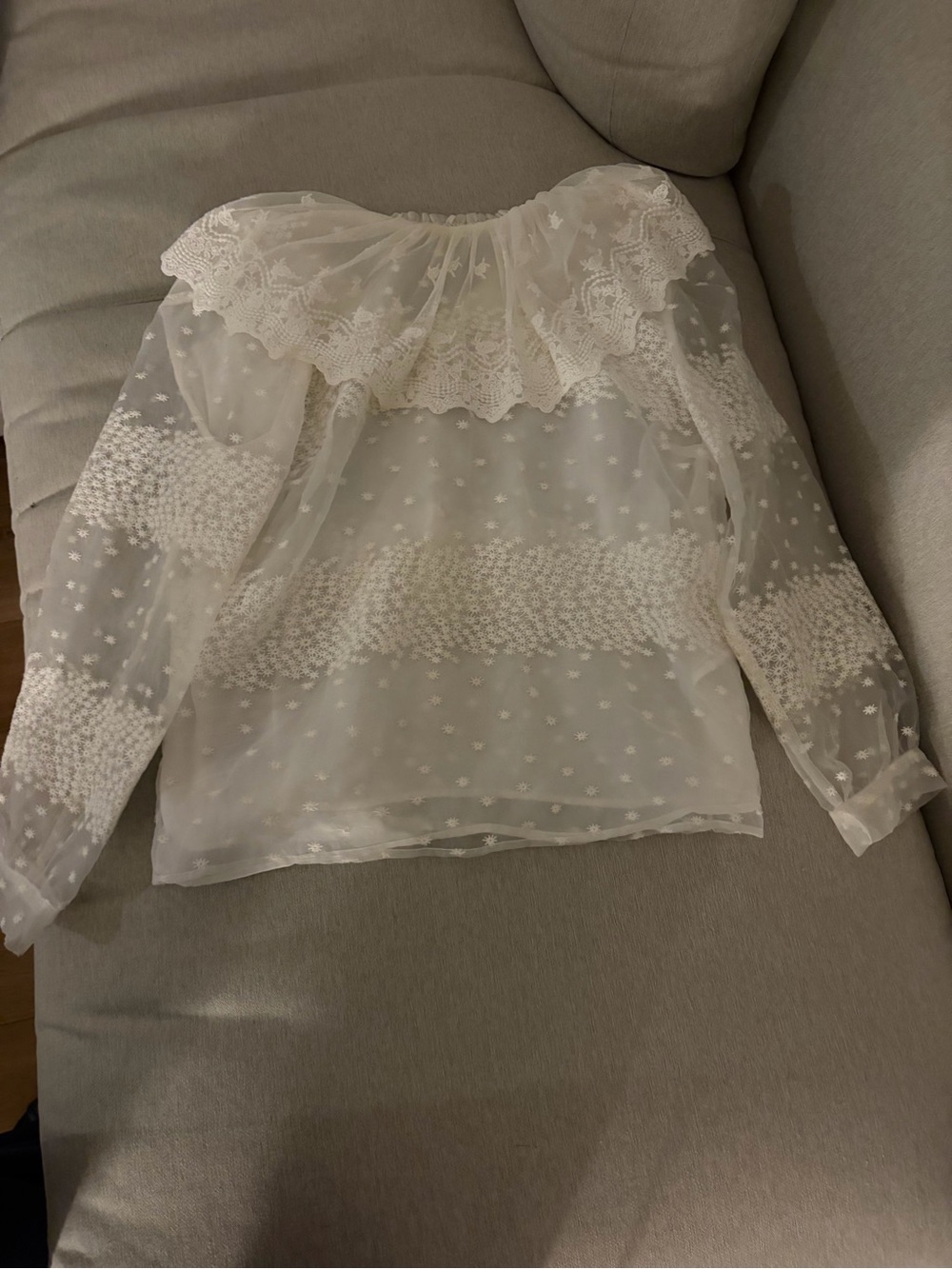 Zara Sheer White Embroidered Ruffle-Neck Blouse
